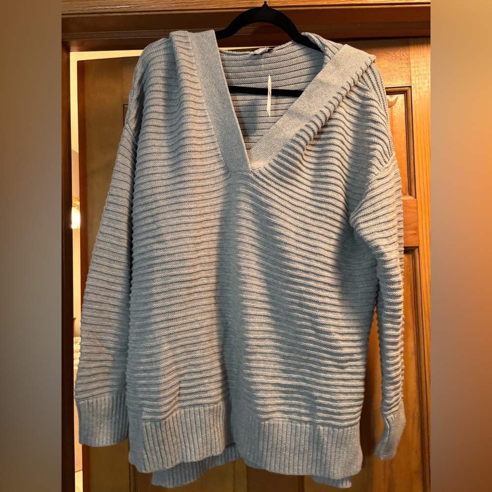 Gap Women's V-Neck Hooded Ribbed Sweater - Gray Size Large